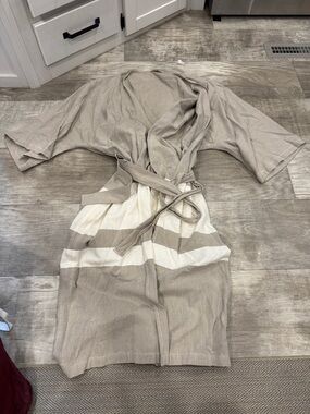 Striped Taupe & Cream Women's Wrap Robe with Tie Waist
